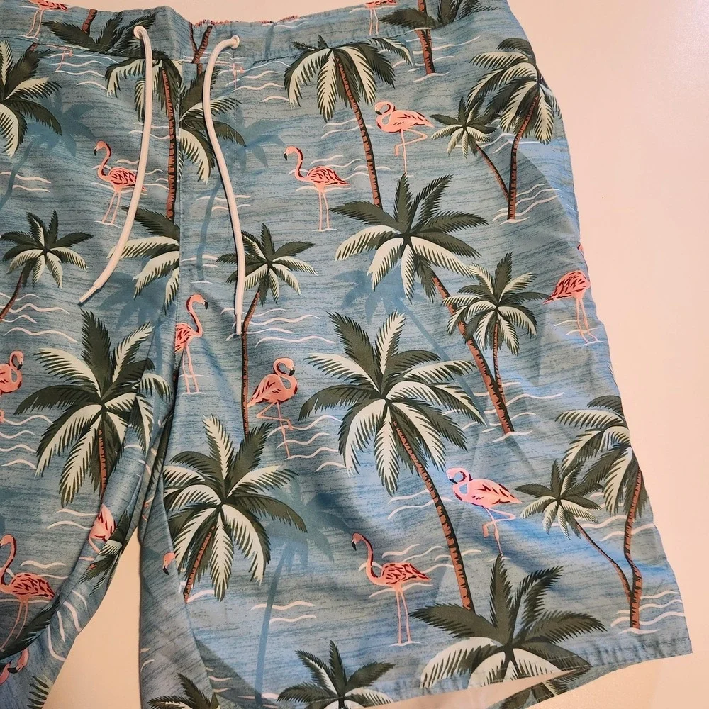 St‎ Johns Bay Swim Trunks Blue Hawaiian Flamingos Drawstring Mesh Lined 3XLT